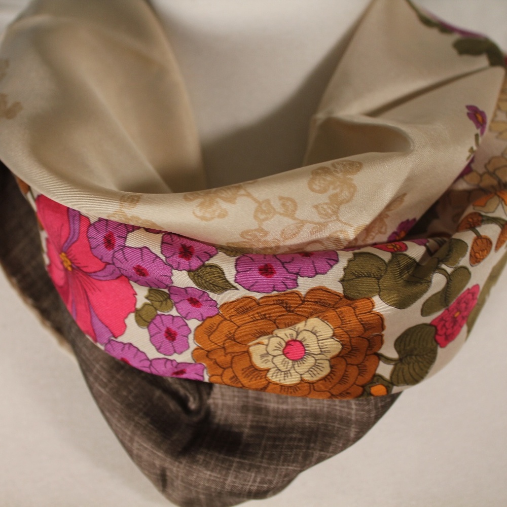 Silk scarf, cream with pink, orange flowers, 30x30